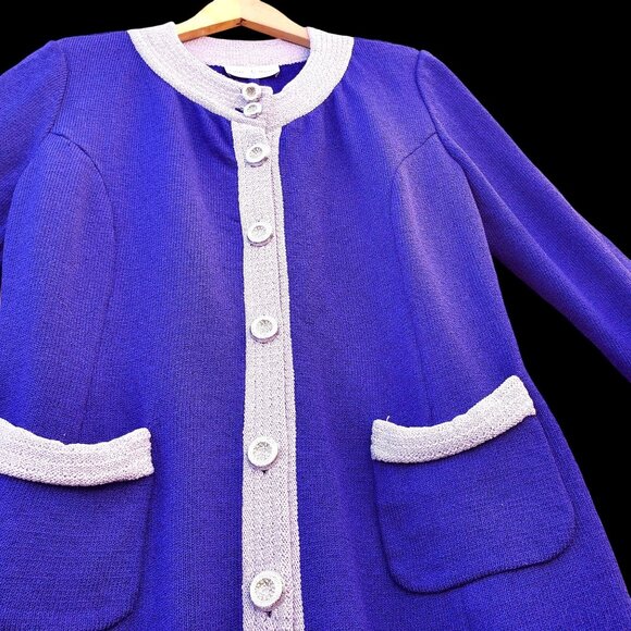 80s Purple Knit Dress Color Block Anne Marie Jones Size 10 With Pockets - Picture 3 of 14
